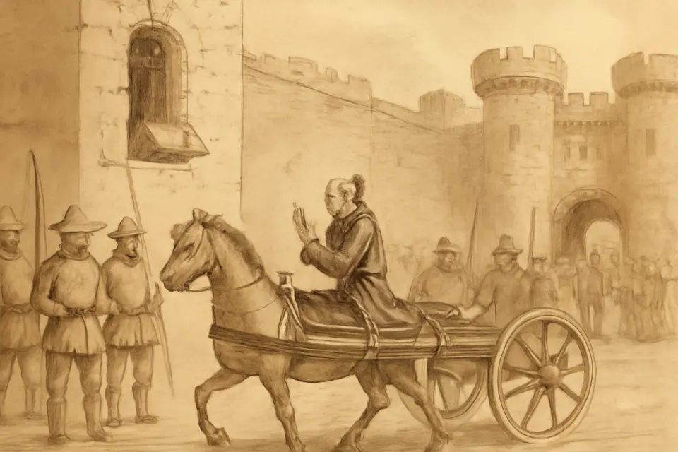 Ink-drawing-style scene of a priest bound on a hurdle in a castle yard raising his hands toward another priest at a high barred window, who lifts his hand in absolution