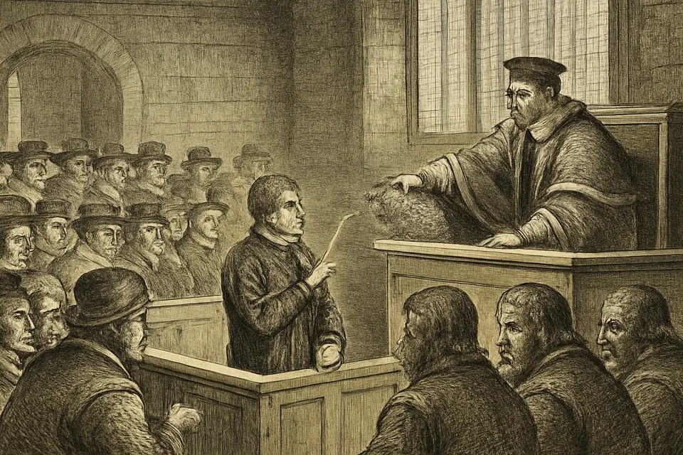Engraving-style scene of a slight priest standing at the bar of a seventeenth-century English courtroom, making the sign of the cross before a scowling judge in red robes