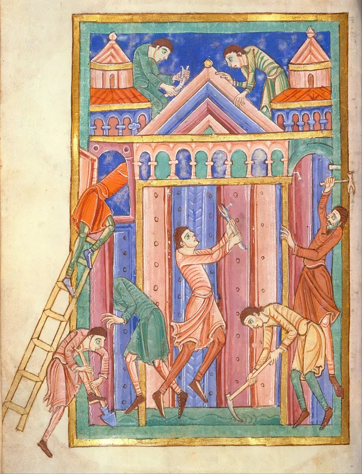 Romanesque manuscript painting of a pink church with thieves frozen in place, one on a ladder, one digging under the door, one striking the lock with a hammer and two on the roof