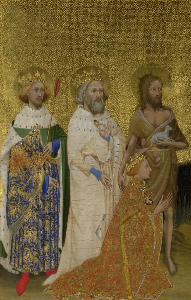 Gothic panel painting on a gold background of three standing saints, a crowned king holding an arrow, a crowned king holding a ring and John the Baptist with a lamb, presenting the kneeling young Richard II