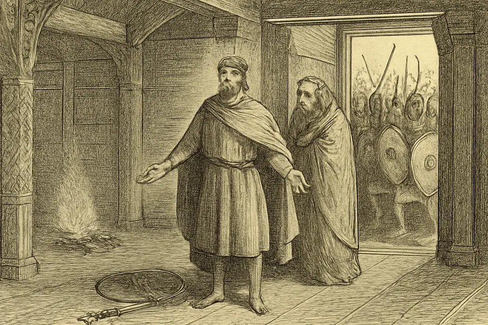 Engraving-style scene of a young Anglo-Saxon king in a timber hall laying down his sword and shield as armed Danish warriors crowd through the doorway
