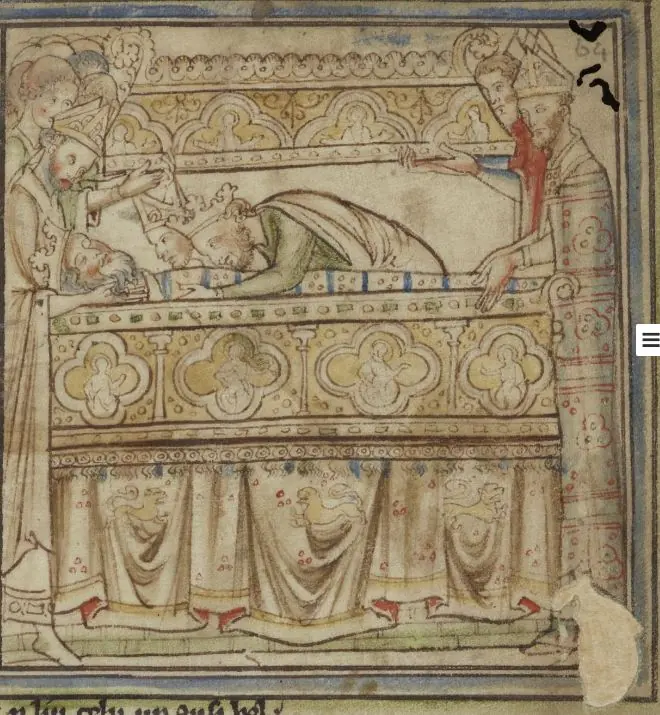 Tinted medieval drawing of mourners lowering the crowned body of a king into a stone tomb with an arcaded front