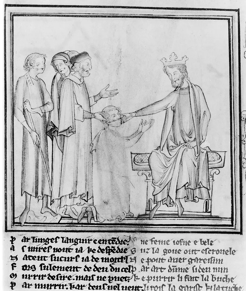 Black-and-white reproduction of a medieval drawing of a seated crowned king laying his hand on the face of a sick woman as men stand behind her, with lines of Old French verse below