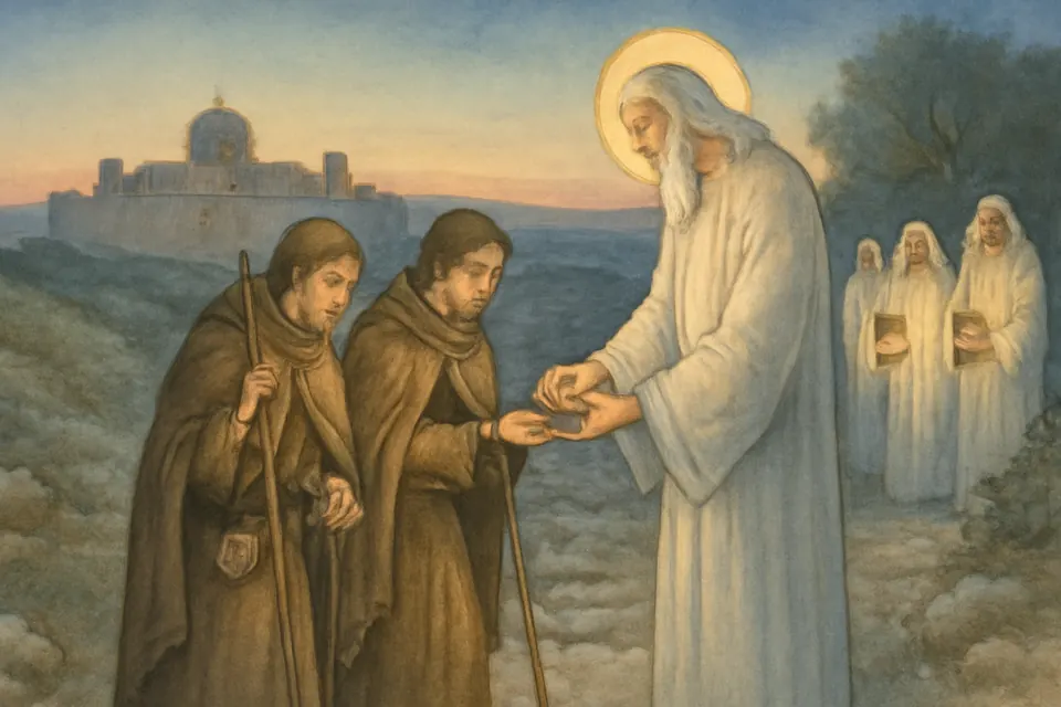 Illustration of two lost English pilgrims at dusk in the Holy Land meeting an old man with white hair who hands them a ring