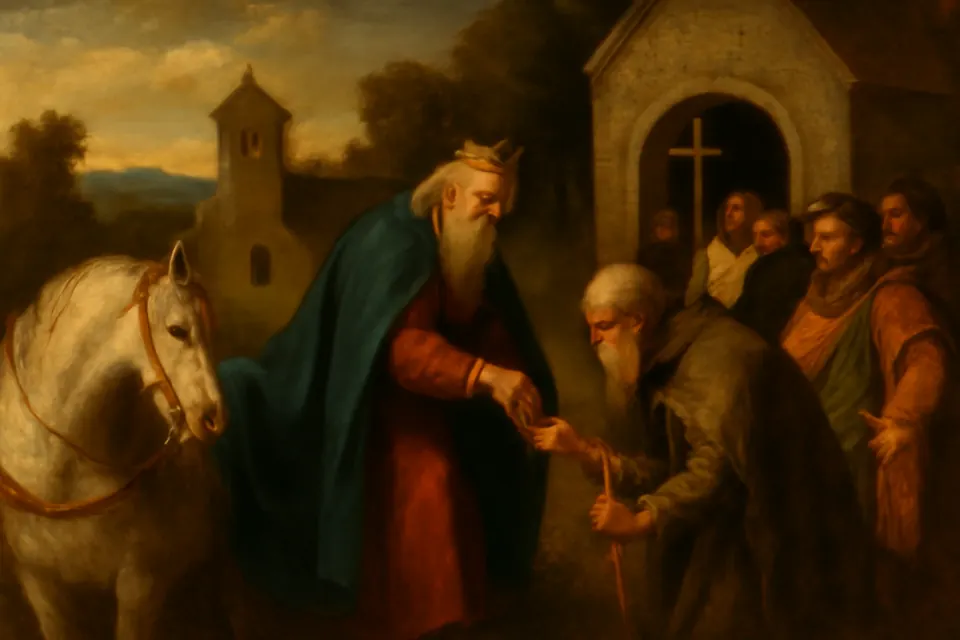 Illustration of King Edward taking the ring from his finger to give to an old beggar outside a newly built church in Essex