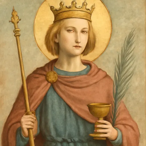 Fresco-style portrait of St. Edward the Martyr as a young Anglo-Saxon king with a gold crown and red cloak, holding a scepter and a cup