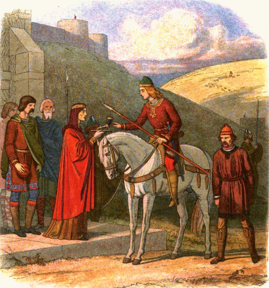 Color illustration of a young king on a white horse at a castle gate taking a cup from a woman in a red cloak, while a man behind the horse reaches for a weapon