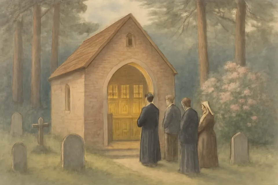 Watercolor of a small Orthodox church among pine trees in an English cemetery, with candles glowing before a gilded shrine inside