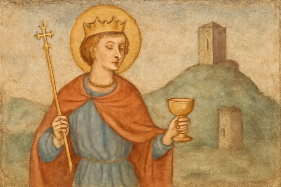 Fresco-style image of St. Edward the Martyr as a beardless young king, crowned, holding a scepter and a cup, with the hill of Corfe behind him