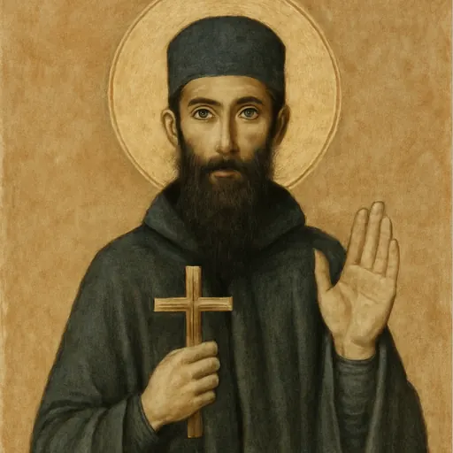Fresco-style portrait of St. Efraim as a thin monk with a black beard, a black cap and habit, holding a small cross and raising his hand in blessing