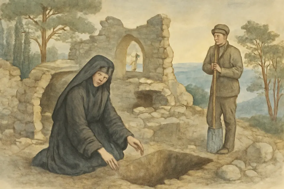 Watercolor-style scene of a nun in black kneeling among stone ruins on a pine-covered hillside, uncovering an old grave while a workman stands back in awe