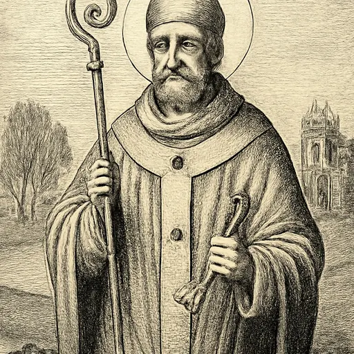 Engraving-style portrait of St. Egwin of Evesham as an Anglo-Saxon bishop holding a crozier and a large key, with fetters at his feet