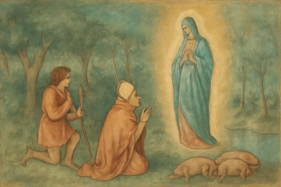 Fresco-style scene of a herdsman and a bishop kneeling in a woodland clearing before a vision of the Virgin Mary
