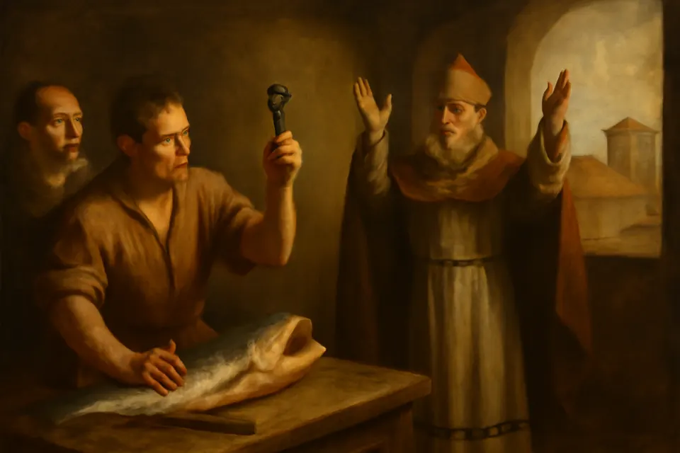 Oil-painting-style scene of a cook in a Roman kitchen holding up a key just found inside a fish, as a bishop in fetters looks on