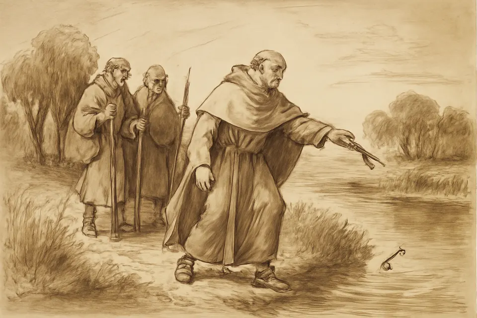 Ink drawing of a bishop with his feet chained throwing a key into a river as companions watch