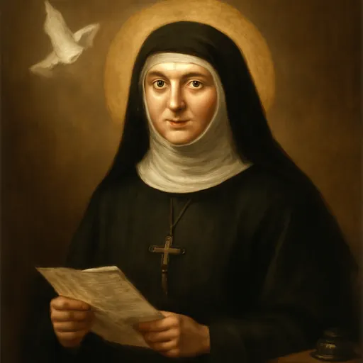 Oil-painting-style portrait of St. Elena Guerra, an Italian nun in a black habit and white collar holding a letter, with a dove above her