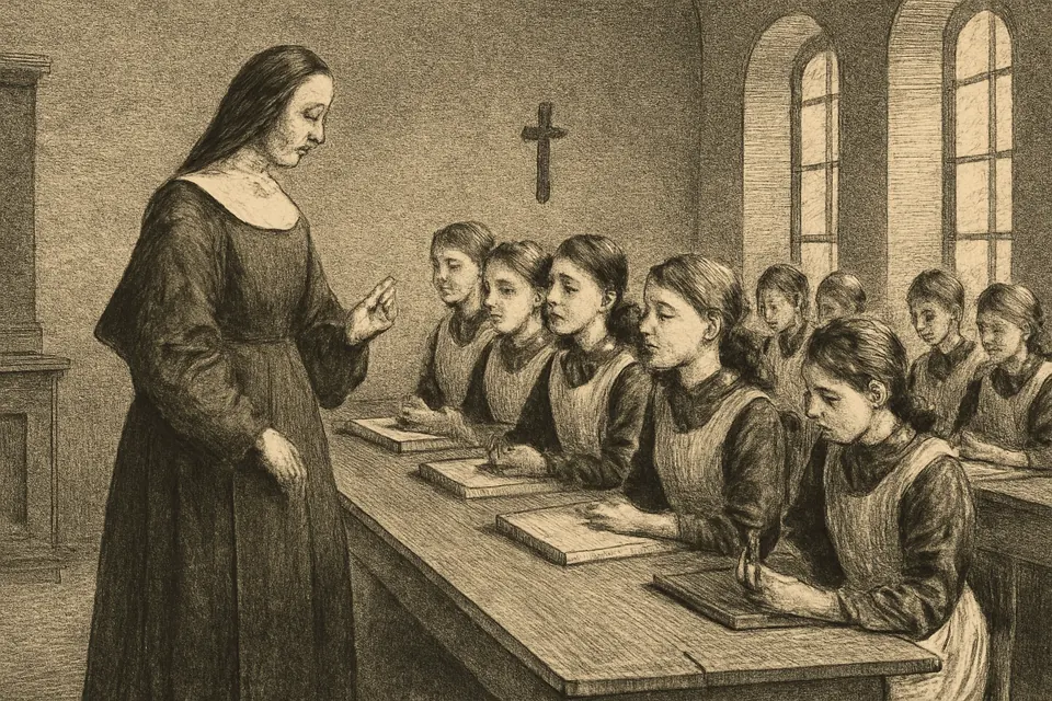 Engraving-style scene of a nun in a black habit teaching a small class of schoolgirls at a long table in a bright Italian classroom