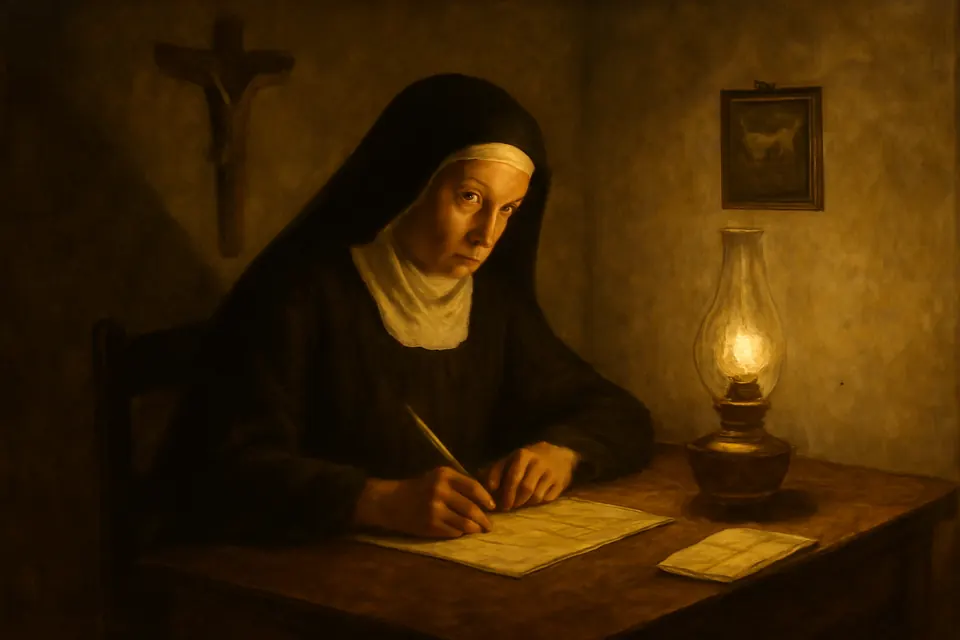 Oil-painting-style scene of a nun writing a letter by lamplight at a simple desk in a convent room, with a crucifix on the wall