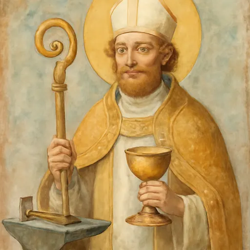 Fresco-style portrait of St. Eligius as a bishop in a white miter and gold cope, holding a crozier and a small golden chalice, with a goldsmith's hammer and anvil beside him