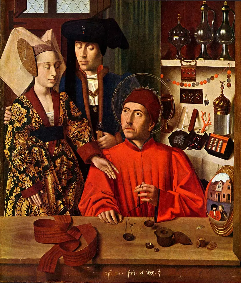 A goldsmith in a red robe sits at his counter weighing a ring on small scales for a richly dressed young couple, with gold vessels, coral and jewels on the shelves behind him