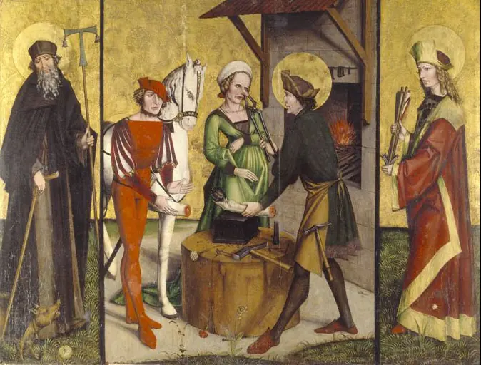 Panel in three parts; in the center a haloed smith at an anvil fits a shoe to a horse's leg while the horse stands beside a woman and a young man, with St. Anthony on the left and St. Sebastian on the right