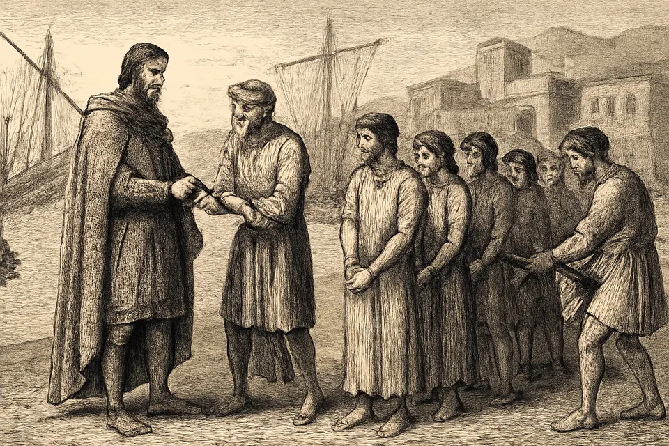 Engraving-style illustration of a well-dressed Frankish official paying coins to a slave dealer to free a line of chained captives at a Mediterranean port