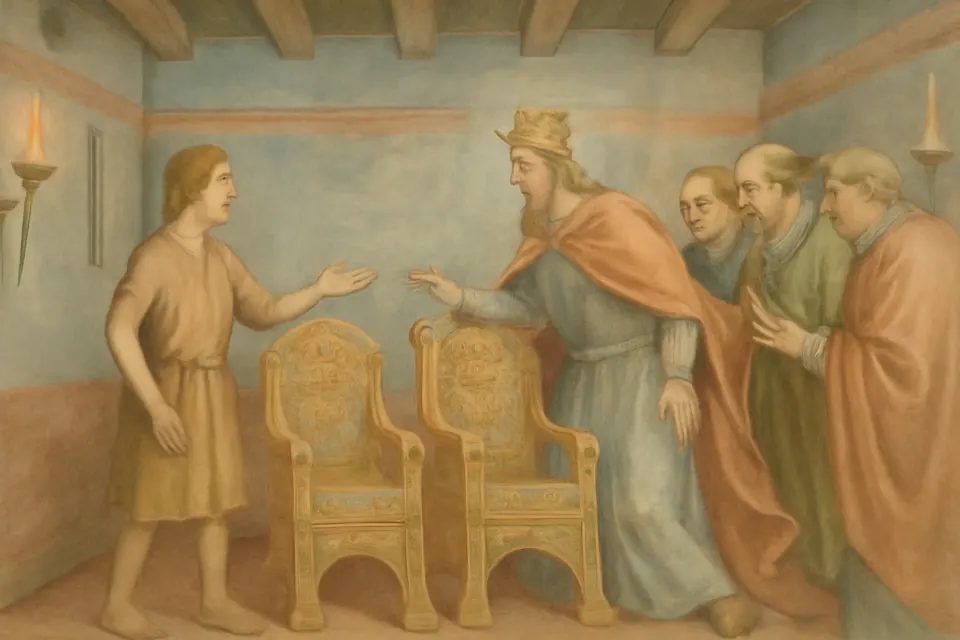 Fresco-style illustration of a young goldsmith presenting two identical golden jeweled thrones to an astonished Frankish king and his court