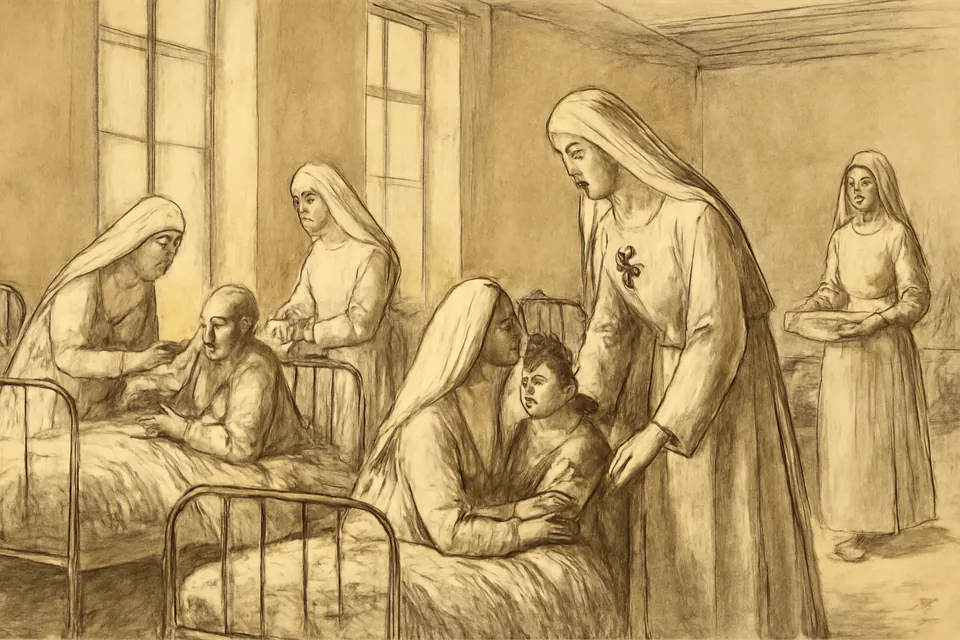 Ink-drawing-style scene of the sisters of the Convent of Sts. Martha and Mary nursing the sick poor in their Moscow hospital ward