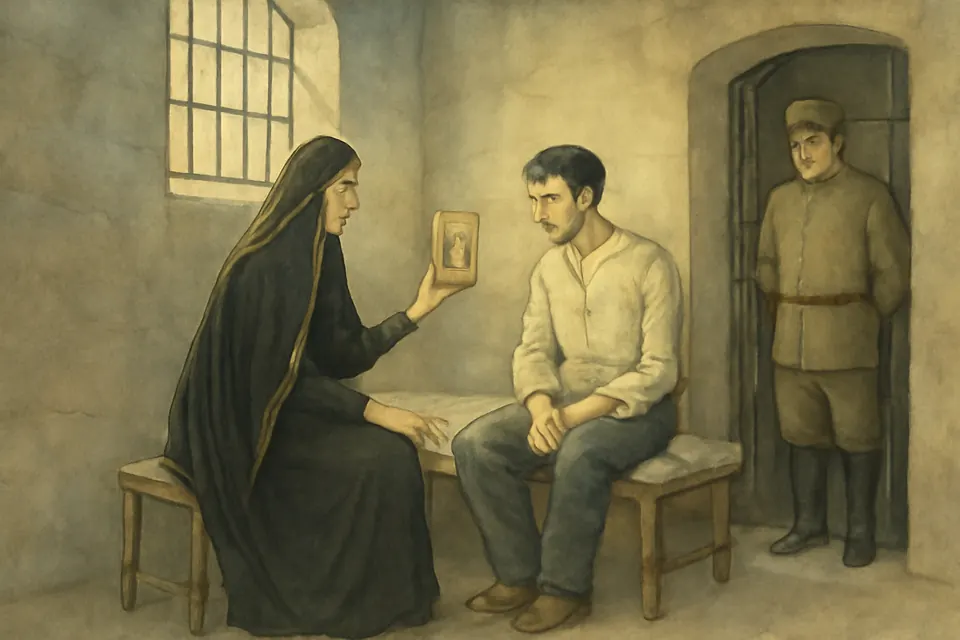 Watercolor scene of the widowed Grand Duchess Elisabeth, in black mourning, visiting her husband's assassin in a prison cell in 1905