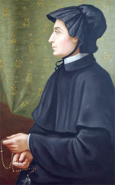 Painted profile portrait of a woman in a black cap tied under the chin and a black dress with a white collar, holding a rosary in her folded hands, against a green patterned curtain