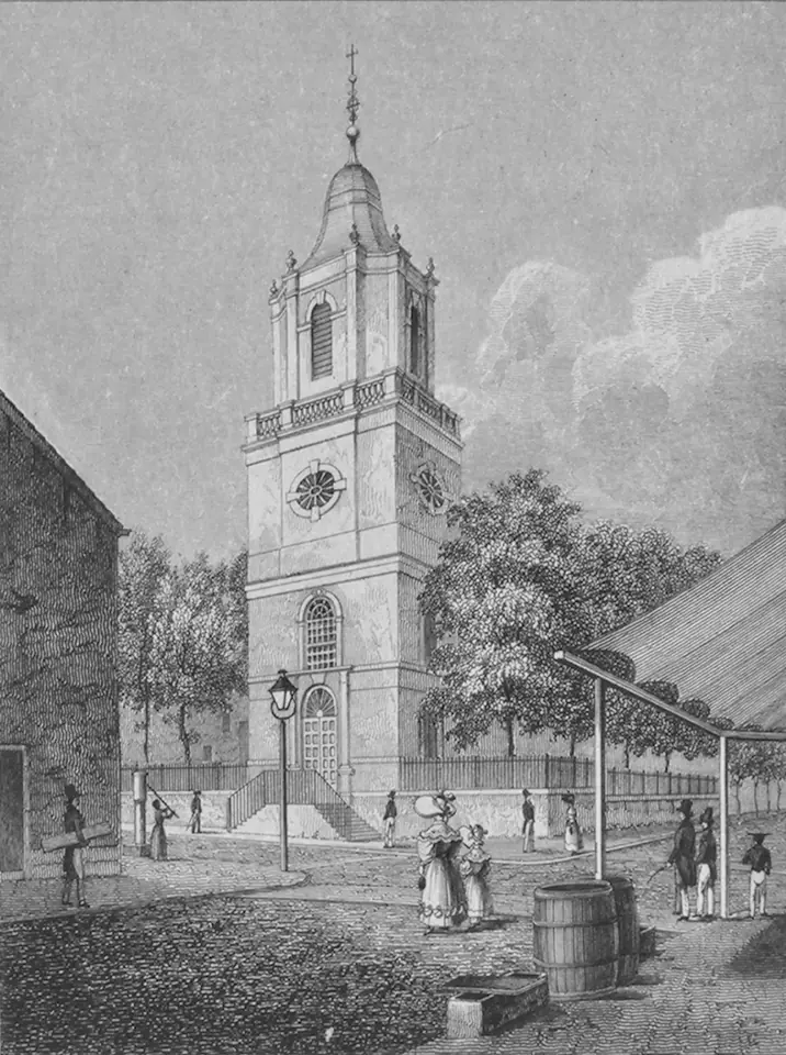 Engraving of a small brick church with a tall square bell tower and cupola on a New York street corner, with people walking past