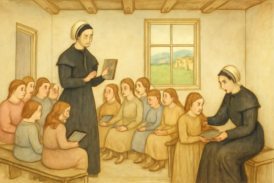 Illustration of Mother Seton teaching a small group of farm girls in a schoolroom in St. Joseph's Valley, Emmitsburg, around 1810