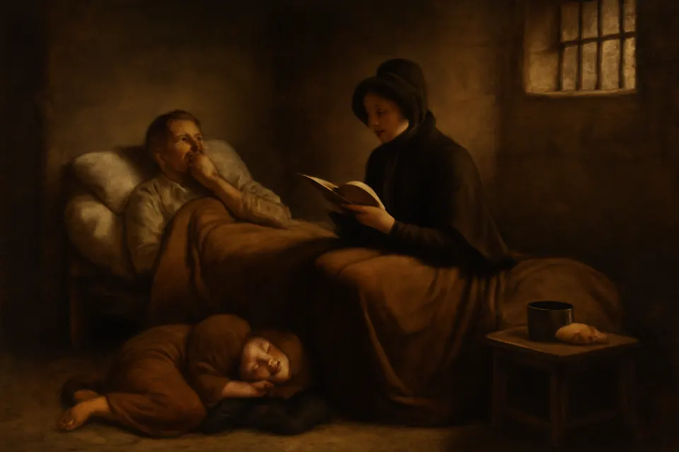Illustration of Elizabeth Seton reading to her sick husband William in a cold stone quarantine room in Livorno, Italy, in 1803, while their young daughter sleeps