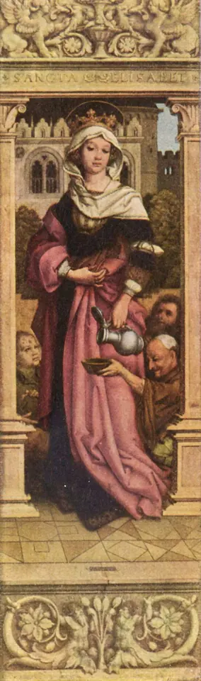 Tall Renaissance panel of a crowned woman in a pink gown and white wimple pouring wine from a jug for kneeling beggars and sick men at her feet