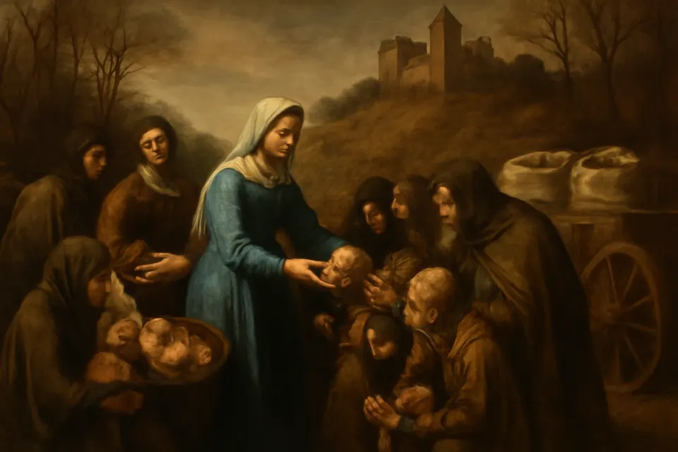 Illustration of Elizabeth handing out bread and grain to a crowd of hungry people below the walls of the Wartburg during the famine of 1226
