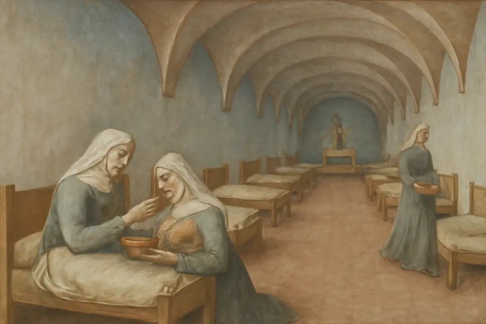 Illustration of Elizabeth in a plain gray habit feeding a sick old man in a simple hospital ward at Marburg