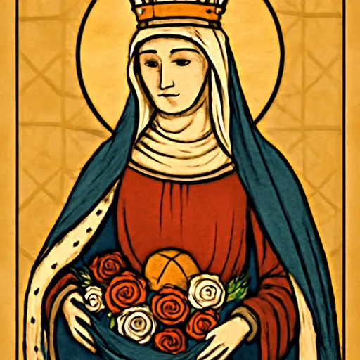Oil-painting-style portrait of St. Elizabeth of Portugal as a crowned medieval queen holding red and white roses in the fold of her cloak