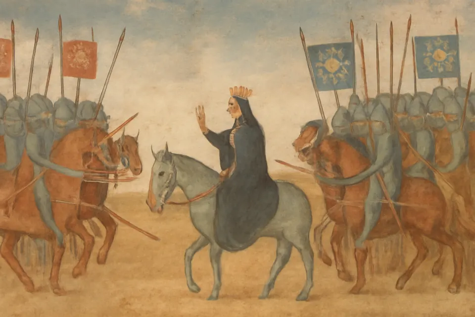 Illustration of a queen on a mule riding alone between two armies drawn up for battle on an open plain
