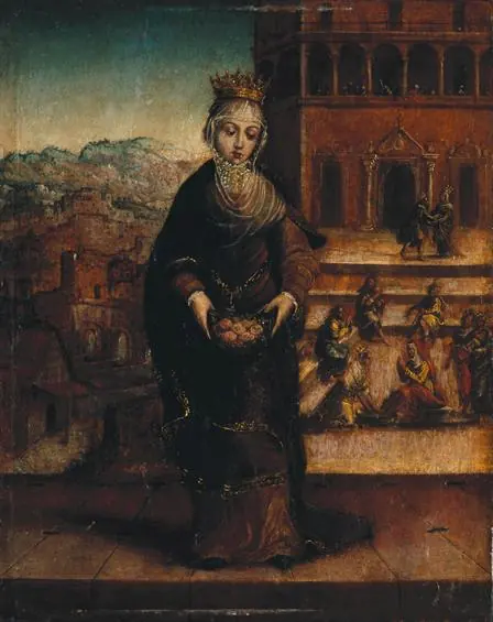 Renaissance panel of a crowned queen in a dark mantle holding roses in her lap, with a city and small figures of the poor behind her