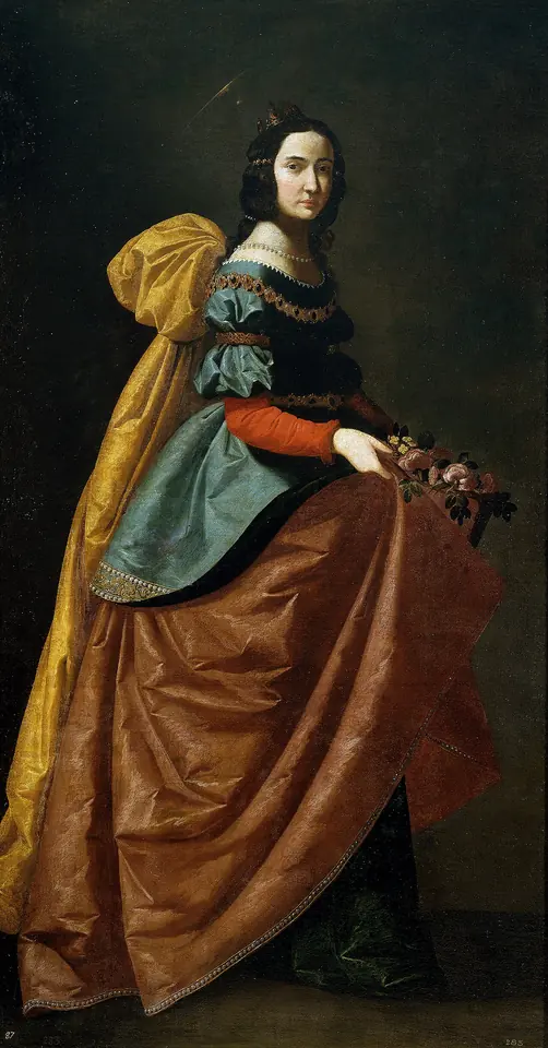 Full-length painting of a young woman in a sumptuous rose-colored and gold Spanish court dress, holding a few roses in the gathered fold of her skirt against a dark background