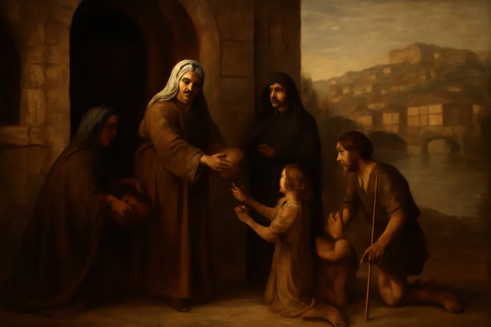 Illustration of an older widowed queen in a plain Franciscan habit handing bread to poor women and children at a convent gate