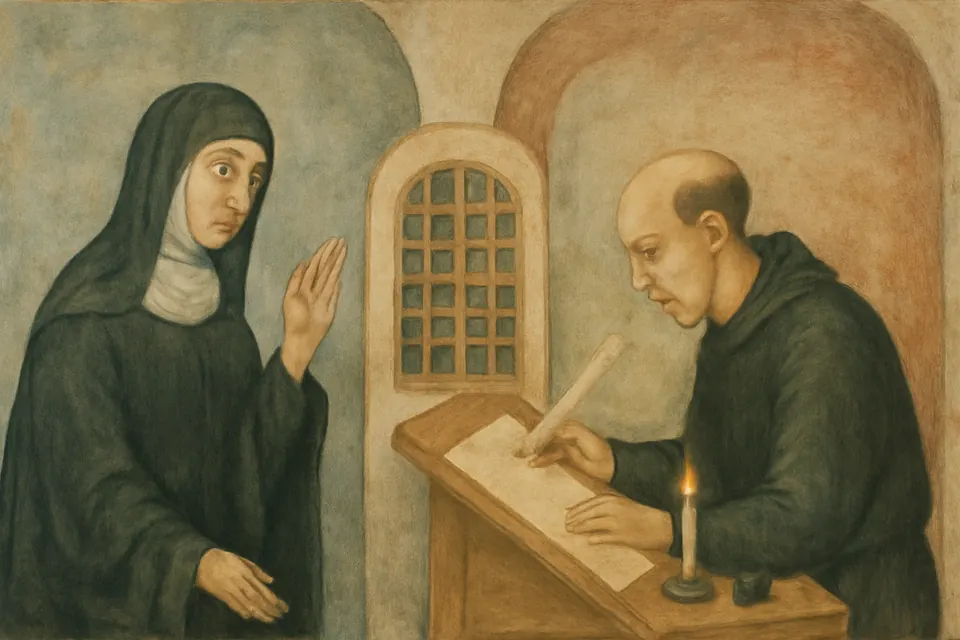 Fresco-style scene of a Benedictine nun speaking through a small grille to a monk who writes on parchment at a lectern