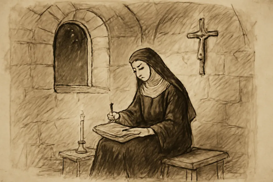 Ink-drawing-style scene of a young nun in a Romanesque cell writing with a stylus on a pair of wooden wax tablets by candlelight