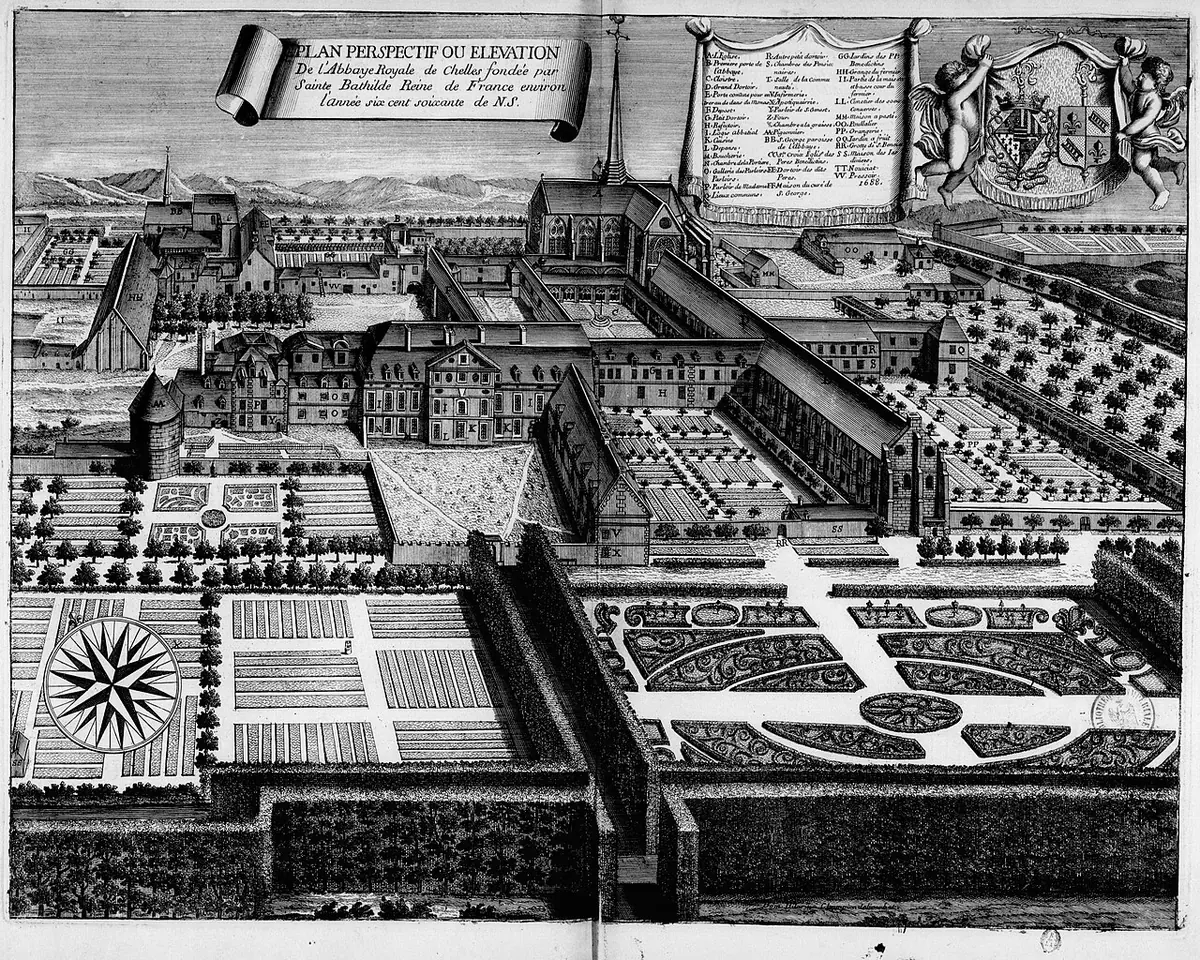 Bird's-eye engraving of a large walled abbey with church, cloisters, courtyards and formal gardens, with a title banner and key at the top