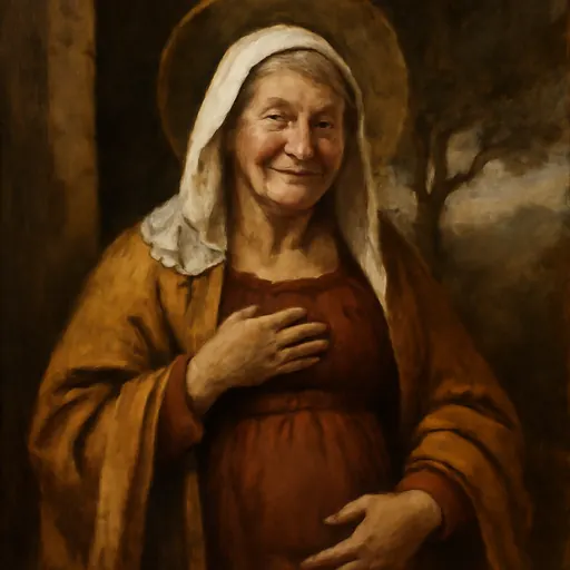 Oil-painting-style portrait of St. Elizabeth as an older Jewish woman in a white head veil and earth-colored mantle, her hand on her heart