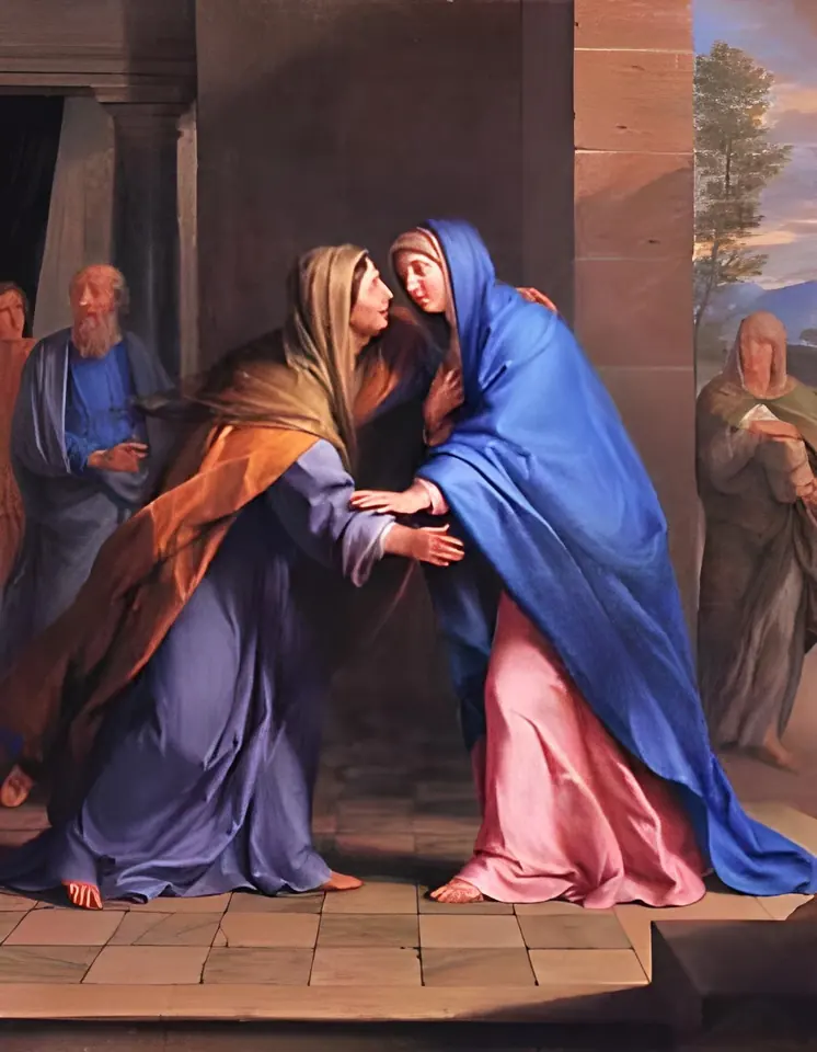 An older woman in an orange mantle and a younger woman in blue embrace on the steps of a house, while an old man watches from the doorway behind them