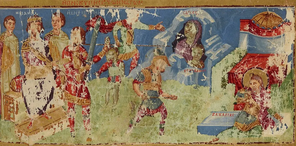 Worn Byzantine manuscript painting in a long strip showing King Herod enthroned, soldiers, a woman with a child sheltered inside a mountain, and a priest at an altar