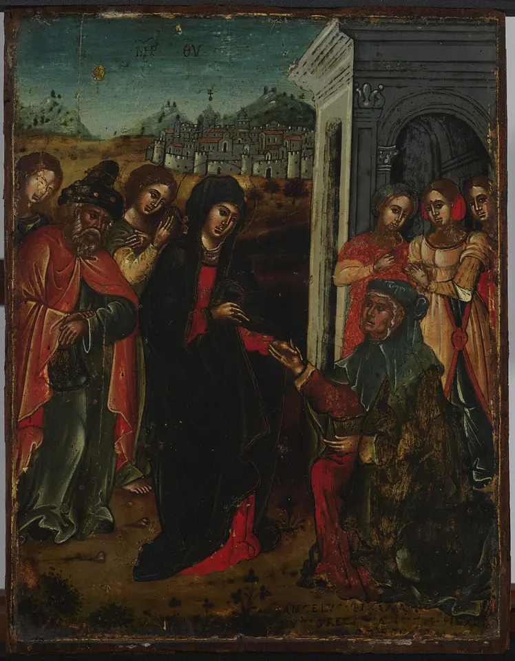 Cretan painting of the Virgin Mary in a dark mantle greeted by a kneeling older woman before a white city, with groups of men and women on either side