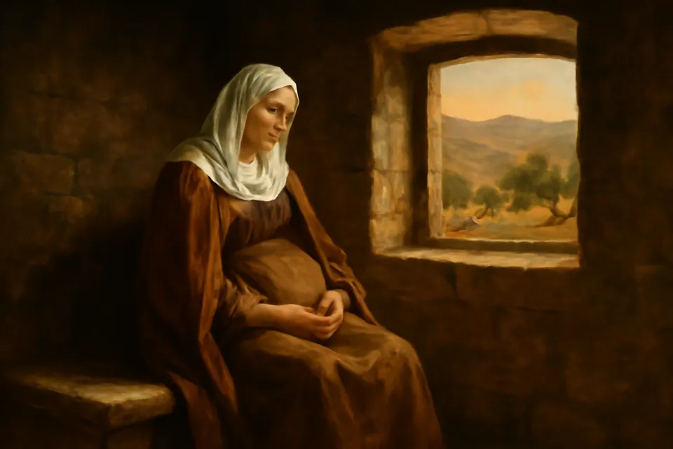 Painting-style illustration of an older woman sitting quietly by a window in a stone house in the hills, her hands folded over her belly