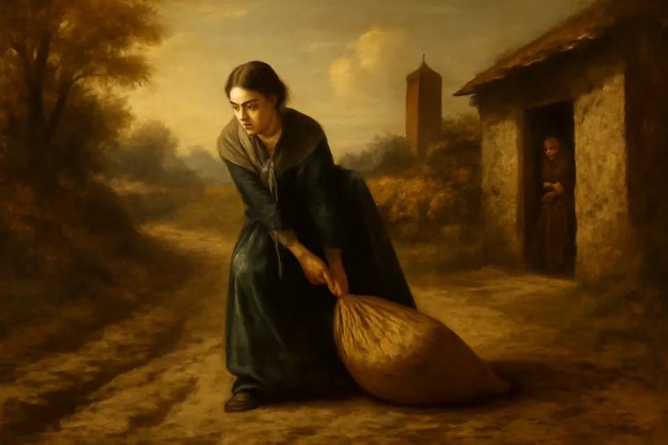 Painting-style scene of a young Frenchwoman in a fine dress dragging a heavy sack of wheat along a rutted country lane toward a poor cottage